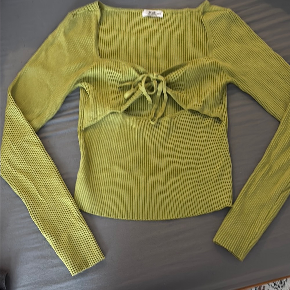 Shein Olive Green Ribbed Tie-Front Top